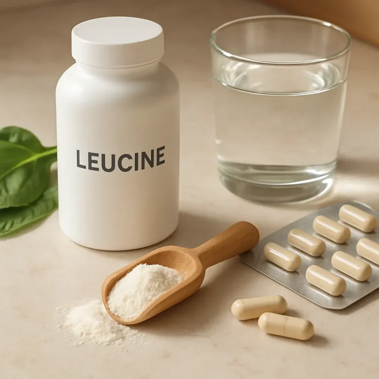 Leucine supplement bottle with powder, capsules, a wooden scoop, and a glass of water on a countertop, emphasizing fitness nutrition and wellness.