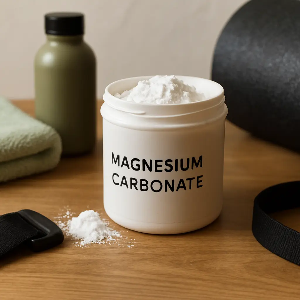 A container of magnesium carbonate powder on a table, surrounded by fitness accessories, emphasizing wellness, supplements, and healthy living.