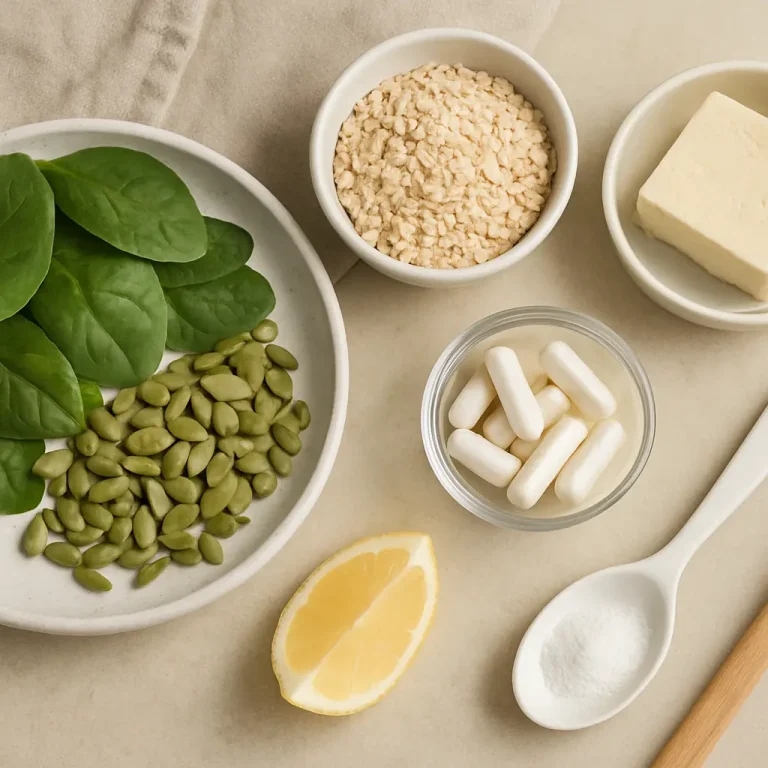 Healthy ingredients and supplements including spinach leaves, pumpkin seeds, a lemon slice, vitamin capsules, protein powder, butter, and salt, promoting wellness and fitness.