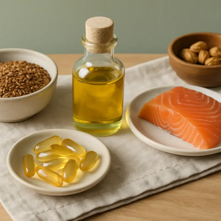 Salmon fillet, fish oil capsules, a bottle of oil, flaxseeds, and walnuts on a table, representing omega-3-rich foods and wellness supplements.