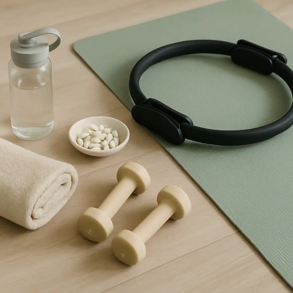 A fitness setup with dumbbells, a yoga mat, a water bottle, a pilates ring, and a bowl of vitamin supplements, promoting wellness and healthy living.