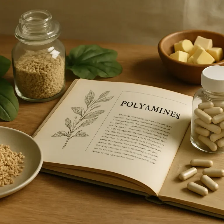 A book open to a page about polyamines is surrounded by capsules in a jar, a bowl of butter cubes, and a jar of grains, emphasizing vitamins, supplements, wellness, and healthy eating.