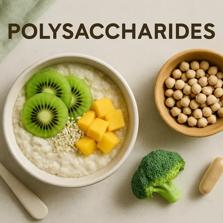 Nutrient-rich breakfast bowl with kiwi, mango, and seeds, surrounded by chickpeas, broccoli, and a supplement capsule, highlighting healthy eating and wellness.