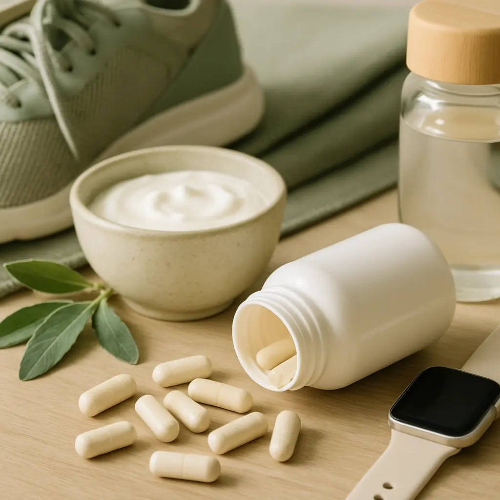 A fitness and wellness flat lay featuring a pair of green sneakers, a bowl of yogurt, vitamin supplements, a smartwatch, and a water bottle, emphasizing healthy eating and an active lifestyle.