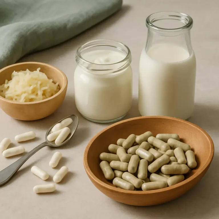 Probiotic supplements in capsules and fermented foods like kefir and sauerkraut, promoting gut health and wellness.