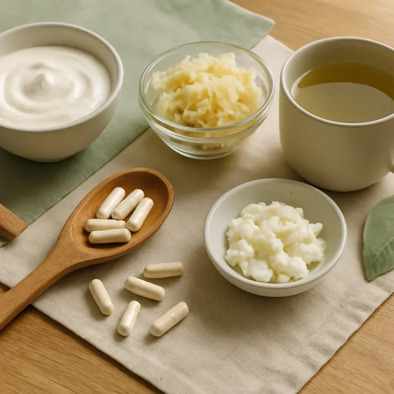 A variety of healthy foods and supplements on a table, including a bowl of yogurt, a bowl of shredded ingredients, probiotic capsules on a wooden spoon, and a cup of green tea, emphasizing vitamins, nutrition, and wellness.