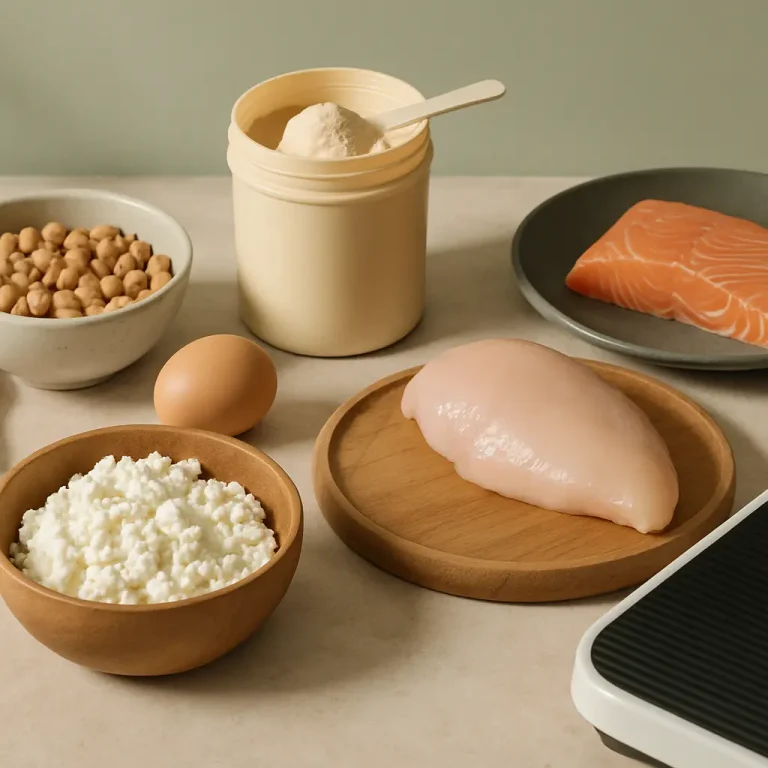 Selection of protein-rich foods including a jar of protein powder, chickpeas, an egg, cottage cheese, raw chicken breast, and salmon fillet, emphasizing healthy eating and fitness nutrition.