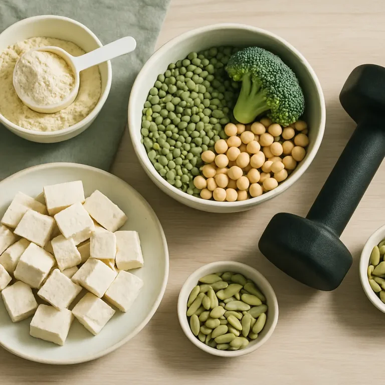 Assortment of health foods including green peas, broccoli, chickpeas, tofu, protein powder, and seeds next to a dumbbell, promoting vitamins, supplements, fitness, and healthy eating.