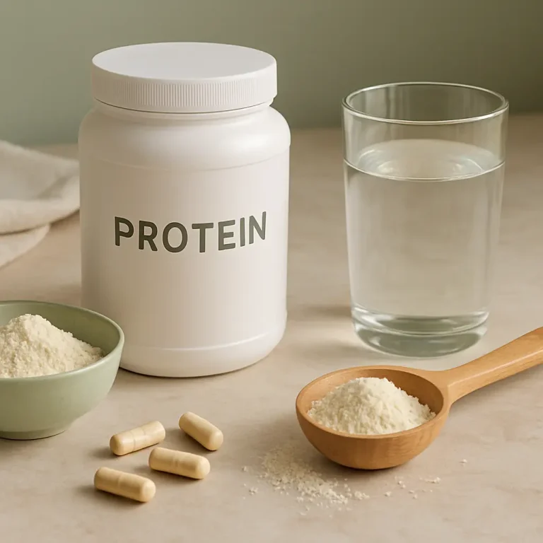 White protein powder container, a glass of water, a bowl and a wooden spoon with protein powder, and capsules on a table, highlighting supplements and fitness nutrition.