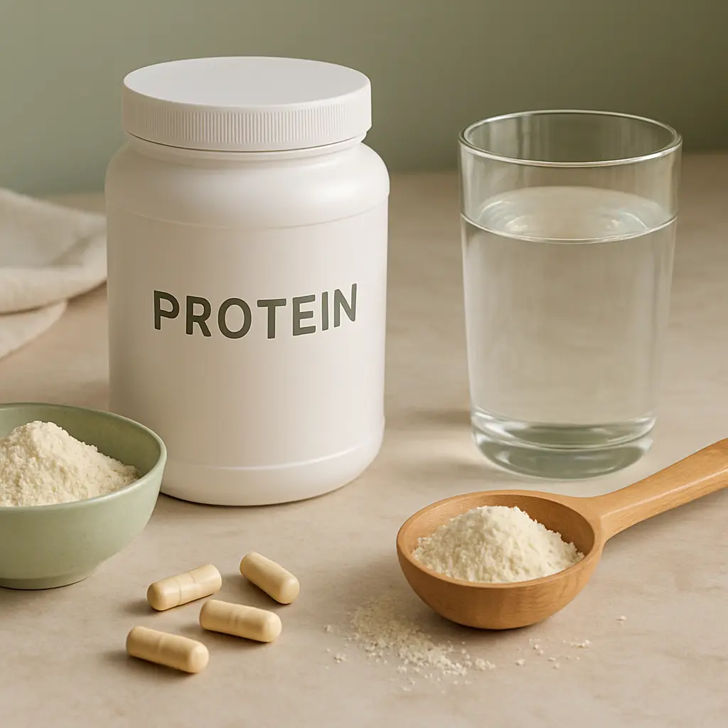 White protein powder container, a glass of water, a bowl and a wooden spoon with protein powder, and capsules on a table, highlighting supplements and fitness nutrition.