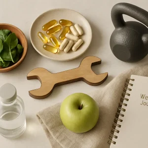 Wellness-themed flatlay featuring vitamin supplements in capsules, a small kettlebell, a journal labeled "Wellness Journal," fresh spinach leaves, a green apple, a water bottle, and a wooden wrench, emphasizing healthy eating and fitness.