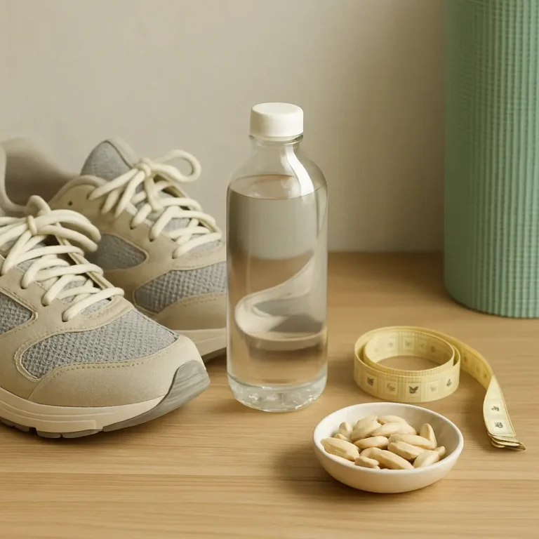 Fitness accessories including sneakers, a water bottle, a bowl of supplements, and a measuring tape are arranged on a wooden surface, symbolizing wellness and healthy living.