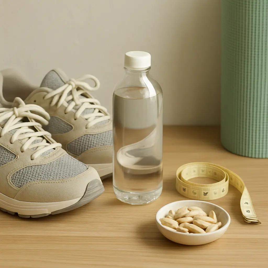 Fitness accessories including sneakers, a water bottle, a bowl of supplements, and a measuring tape are arranged on a wooden surface, symbolizing wellness and healthy living.