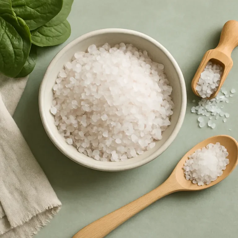 A bowl filled with coarse sea salt on a green surface, accompanied by a wooden spoon and scoop, emphasizing natural wellness and healthy cooking ingredients.