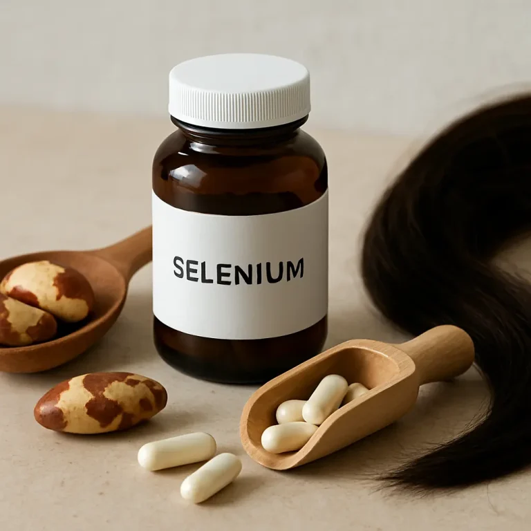 Brown bottle labeled Selenium with capsules, a wooden scoop, Brazil nuts, and a strand of hair, emphasizing wellness, supplements, and healthy eating.