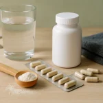 A white supplement bottle, capsules, a wooden scoop with powder, and a glass of water on a wooden surface, representing vitamins, wellness, and healthy eating.
