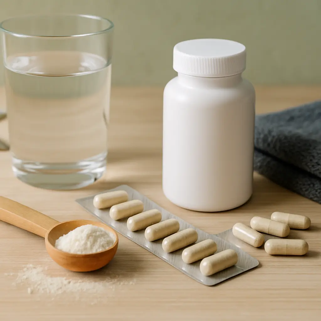 A white supplement bottle, capsules, a wooden scoop with powder, and a glass of water on a wooden surface, representing vitamins, wellness, and healthy eating.