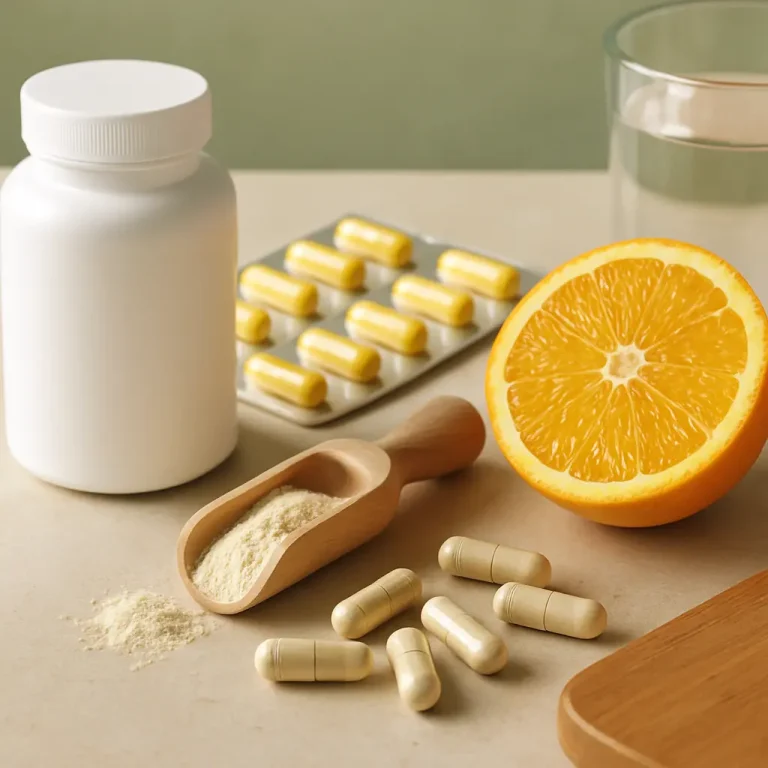 Assorted supplements including a bottle, pill blister pack, scoop of powder, and capsules, with a sliced orange and glass of water, highlighting vitamins, wellness, and healthy eating.