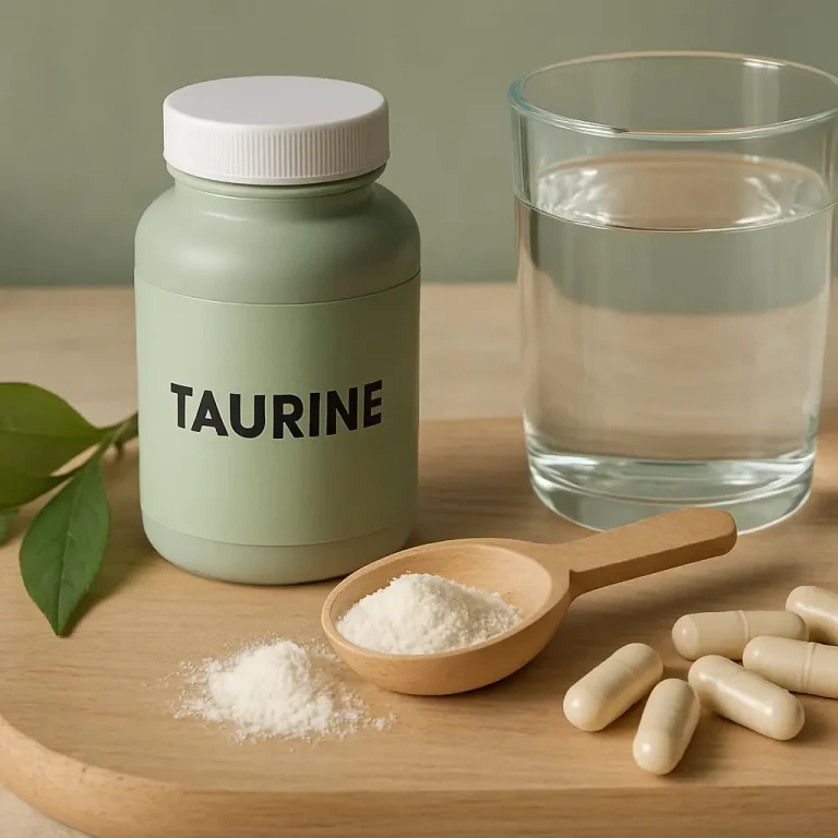 Taurine supplement bottle, wooden scoop with powder, capsules, and a glass of water on a wooden board, symbolizing fitness and wellness.