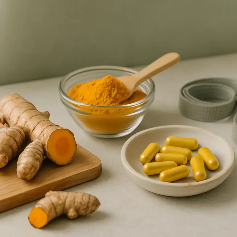 Turmeric roots, turmeric powder in a glass bowl, and yellow capsules on a table, highlighting natural supplements and healthy eating.