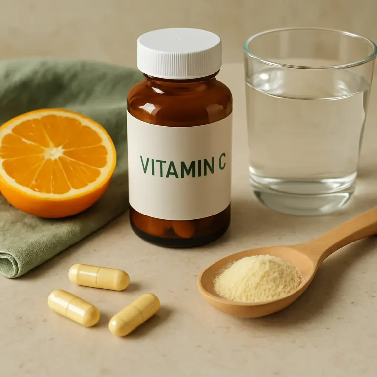 Vitamin C supplements in a brown bottle with capsules, a spoon of powder, a glass of water, and a sliced orange, emphasizing wellness and healthy eating.