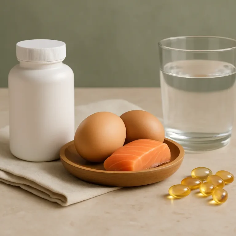 A white supplement bottle, a wooden plate with two eggs and a piece of salmon, yellow vitamin capsules, and a glass of water on a beige surface, related to health, fitness, and wellness.