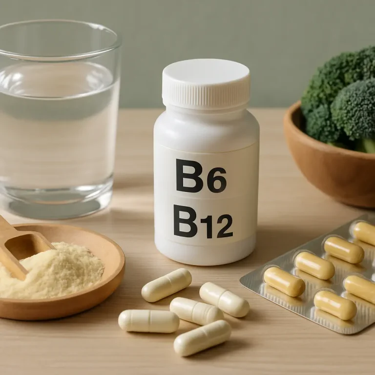 Vitamin B6 and B12 supplement bottle, capsules, and a glass of water on a table with broccoli, promoting healthy eating, fitness, and wellness.