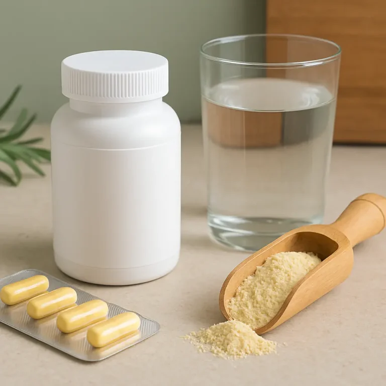 Vitamins and supplements displayed with a bottle, glass of water, yellow capsules, and a scoop of powdered supplement, emphasizing wellness and healthy living.