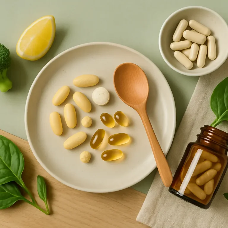 Top view of a plate with various vitamin capsules and supplements beside a wooden spoon, lemon wedge, broccoli, and spinach, promoting wellness and healthy eating.