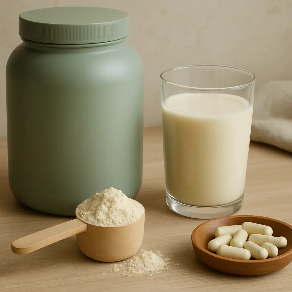 Protein powder container with a scoop of powder, a glass of milk, and a bowl of capsules for vitamins, supplements, and fitness nutrition.