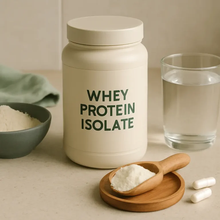 Whey protein isolate container with a scoop of protein powder, capsules, and a glass of water, promoting fitness and healthy eating.