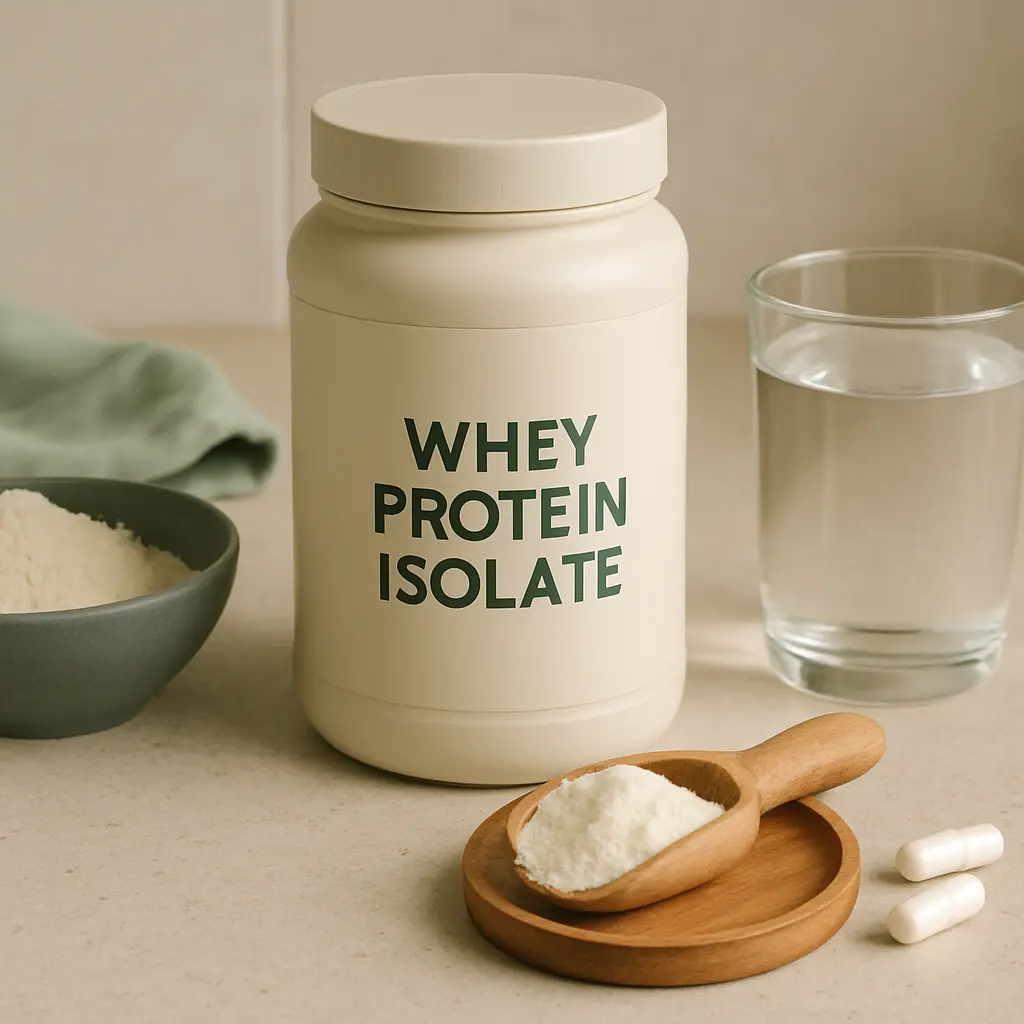 Whey protein isolate container with a scoop of protein powder, capsules, and a glass of water, promoting fitness and healthy eating.