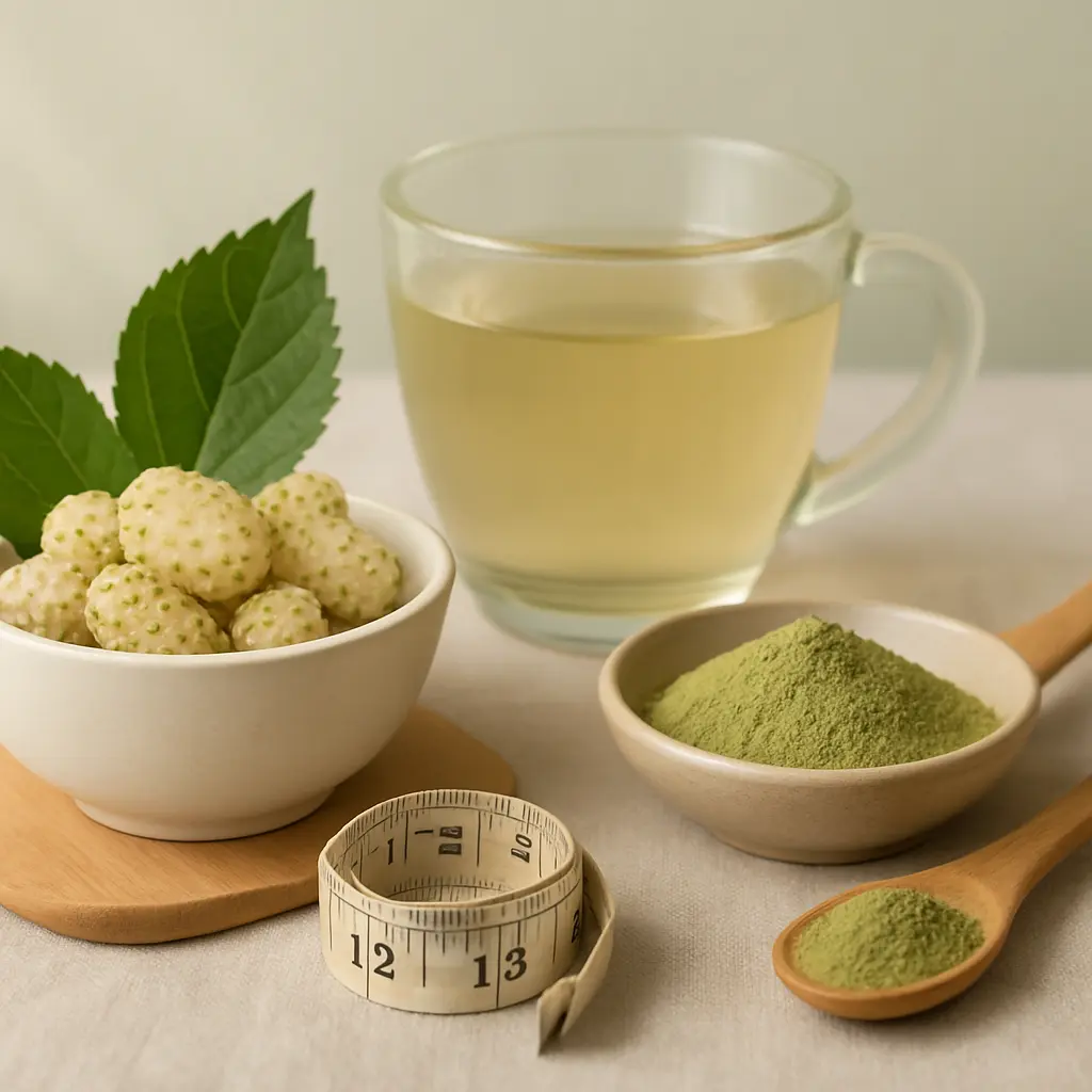 A healthy setup featuring a cup of herbal tea, a bowl of fresh mulberries with green leaves, a dish and spoon with green powder supplement, and a measuring tape, symbolizing fitness, wellness, and healthy eating.