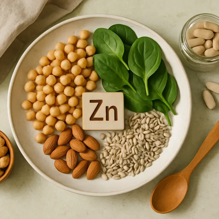 Plate with zinc-rich foods including chickpeas, almonds, spinach, and sunflower seeds, highlighting nutrition and wellness benefits, alongside a jar of supplements.