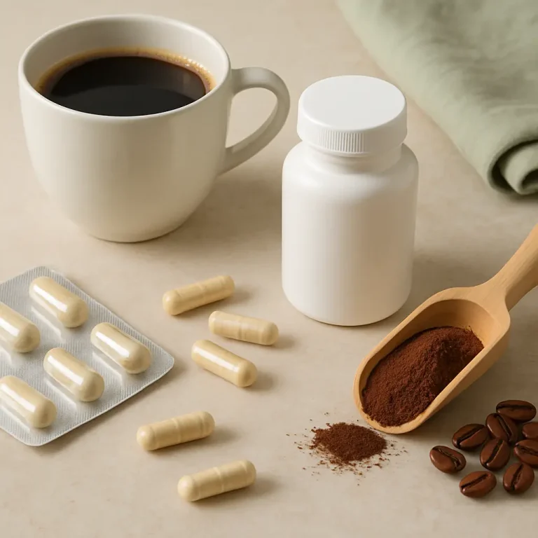 A wellness-themed flat lay featuring a cup of coffee, supplement capsules, a white pill bottle, a wooden scoop with ground coffee, and coffee beans, promoting health, fitness, and nutrition.