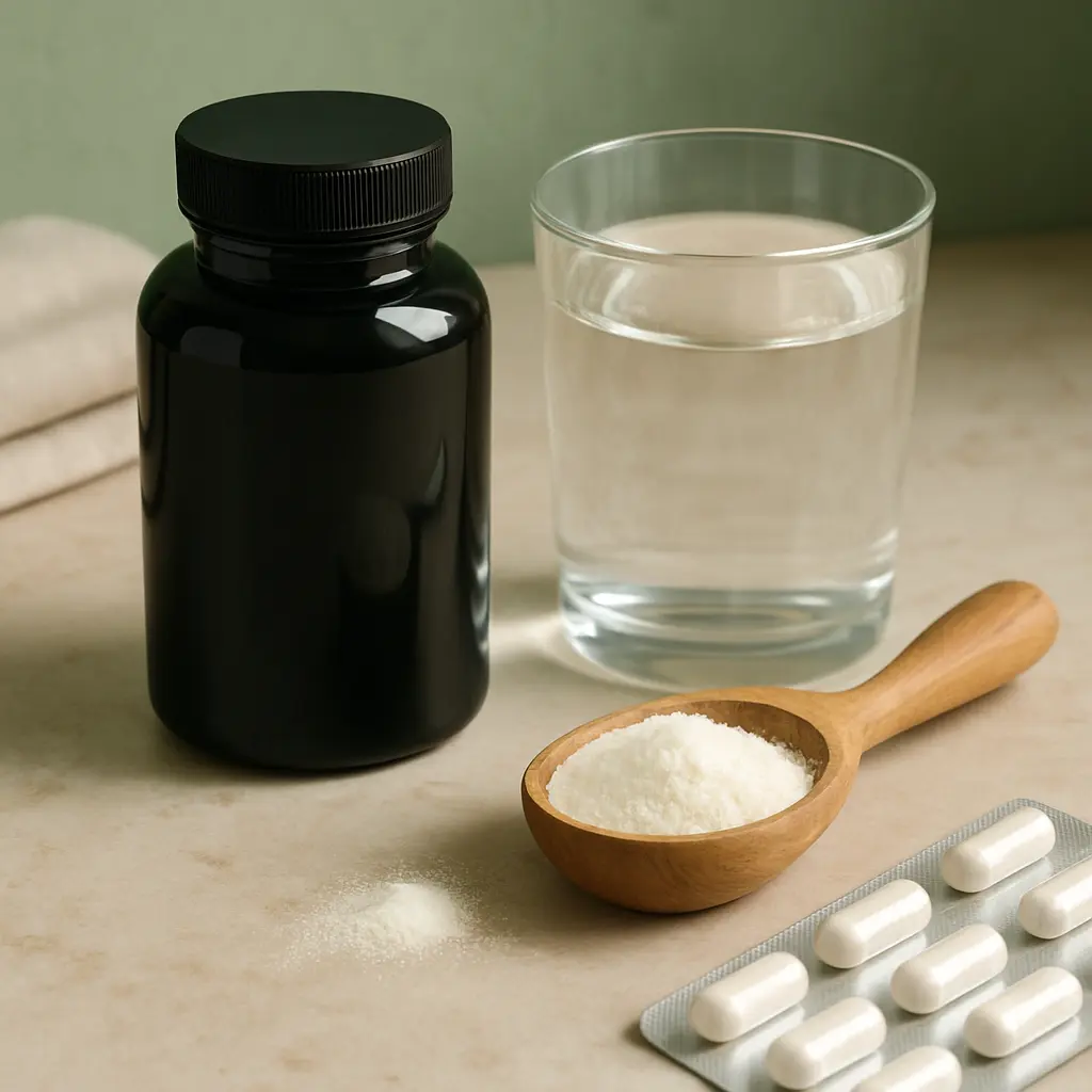 A black bottle, a glass of water, a wooden scoop with white powder, and a blister pack of capsules, representing vitamins, supplements, fitness, wellness, and healthy eating.