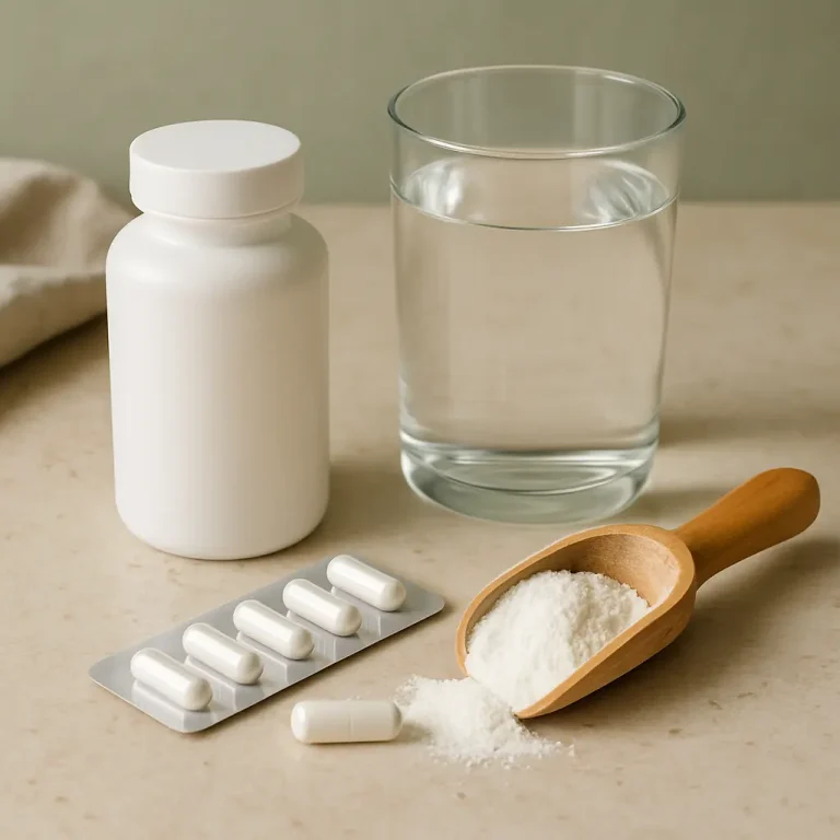 Table with vitamin supplements including a bottle, blister pack of capsules, a wooden scoop with powder, and a glass of water, emphasizing wellness, fitness, and healthy eating.