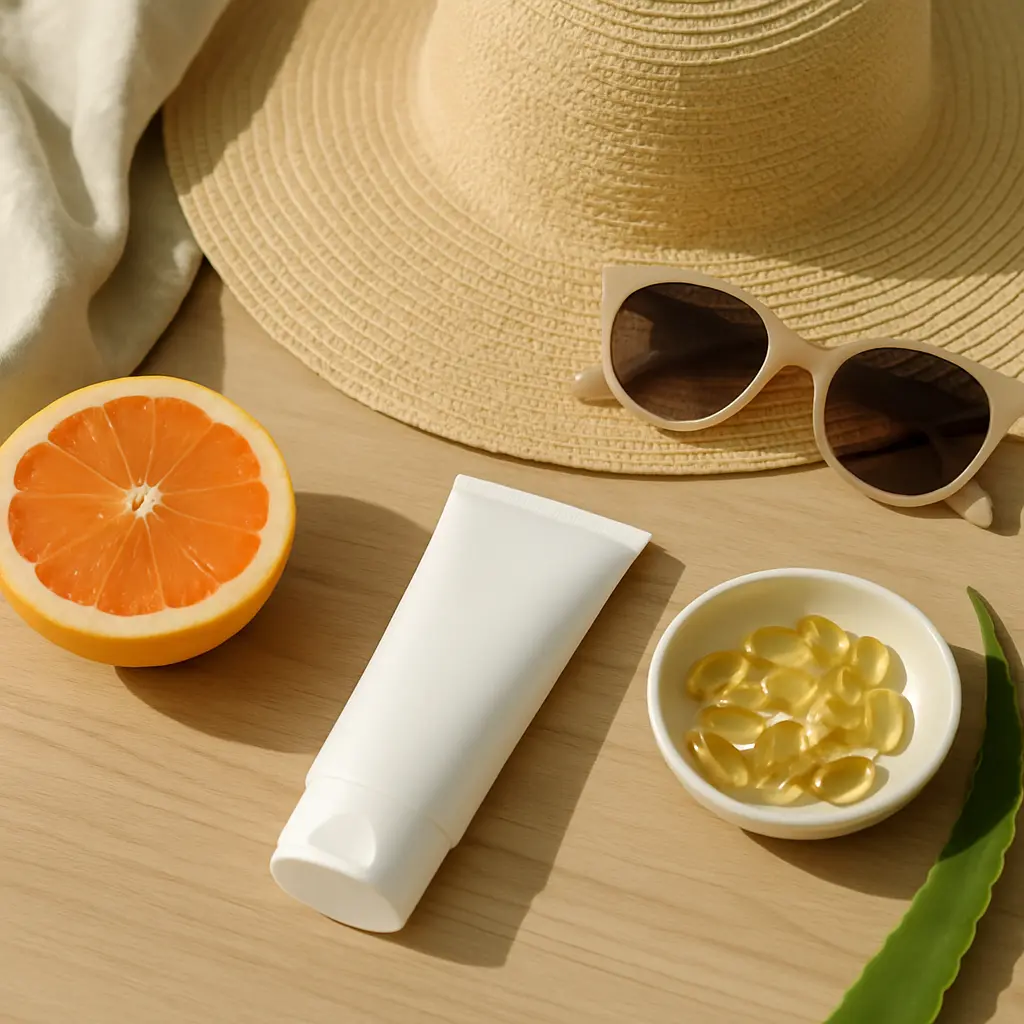 A sun hat, sunglasses, grapefruit half, tube of sunscreen, and a bowl of vitamin supplements on a wooden surface, symbolizing wellness and healthy living.