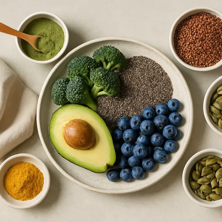 A plate with healthy foods including broccoli, chia seeds, blueberries, and avocado, surrounded by bowls of pumpkin seeds, red quinoa, green powder, and turmeric, highlighting wellness, vitamins, and healthy eating.