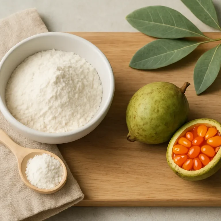 A bowl of powdered supplement next to a cut fruit displaying seeds, surrounded by fresh leaves, emphasizing vitamins and healthy eating.
