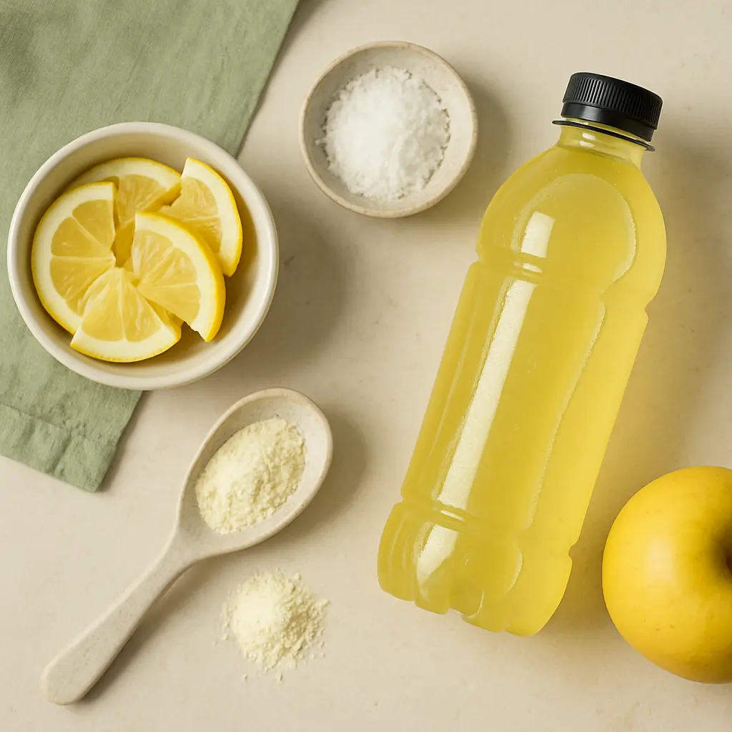 A yellow drink bottle surrounded by lemon slices, a spoon of vitamin powder, salt, and an apple, highlighting healthy eating and wellness.