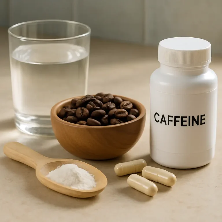 A white bottle labeled 'Caffeine' next to a small wooden bowl of coffee beans, a spoon with white powder, and three capsules, representing supplements, fitness, and wellness.