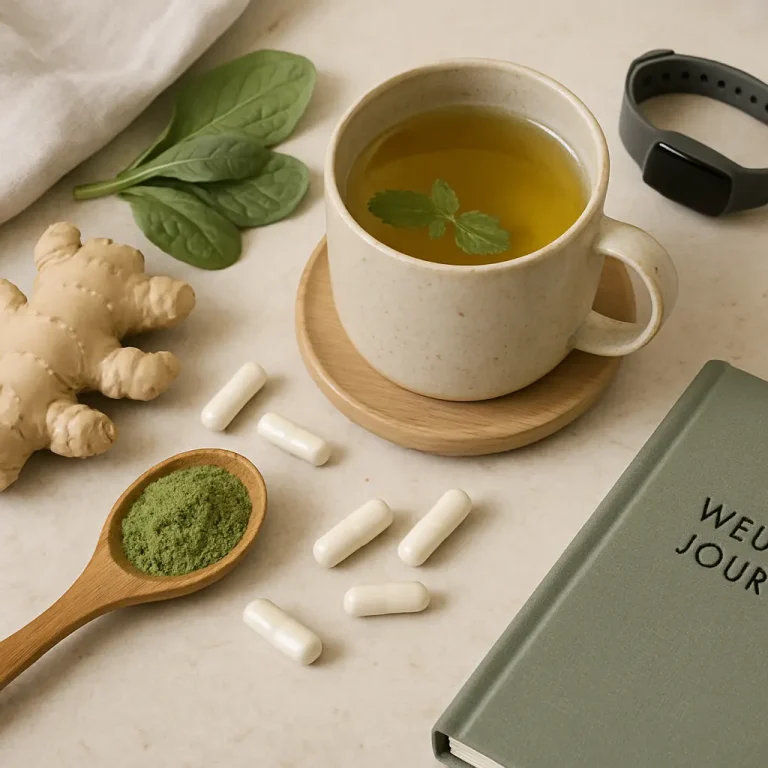 Tea with mint, spinach leaves, ginger, green powder, capsules, and a fitness tracker represent wellness, vitamins, supplements, and healthy eating.