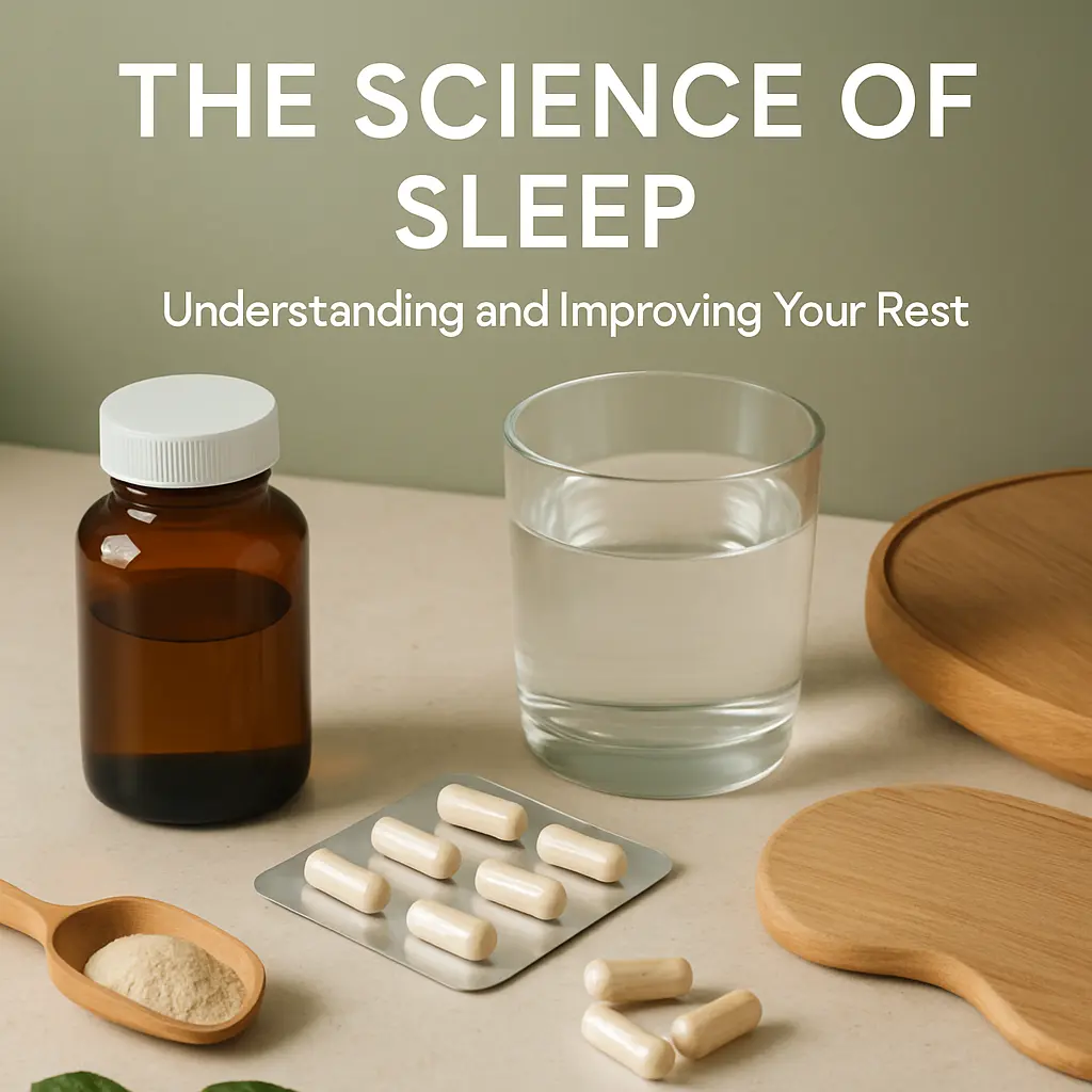 A glass of water, vitamin capsules, a supplement bottle, and powdered nutrients on a table with text 'The Science of Sleep: Understanding and Improving Your Rest,' promoting wellness, healthy living, and sleep enhancement through dietary supplements.