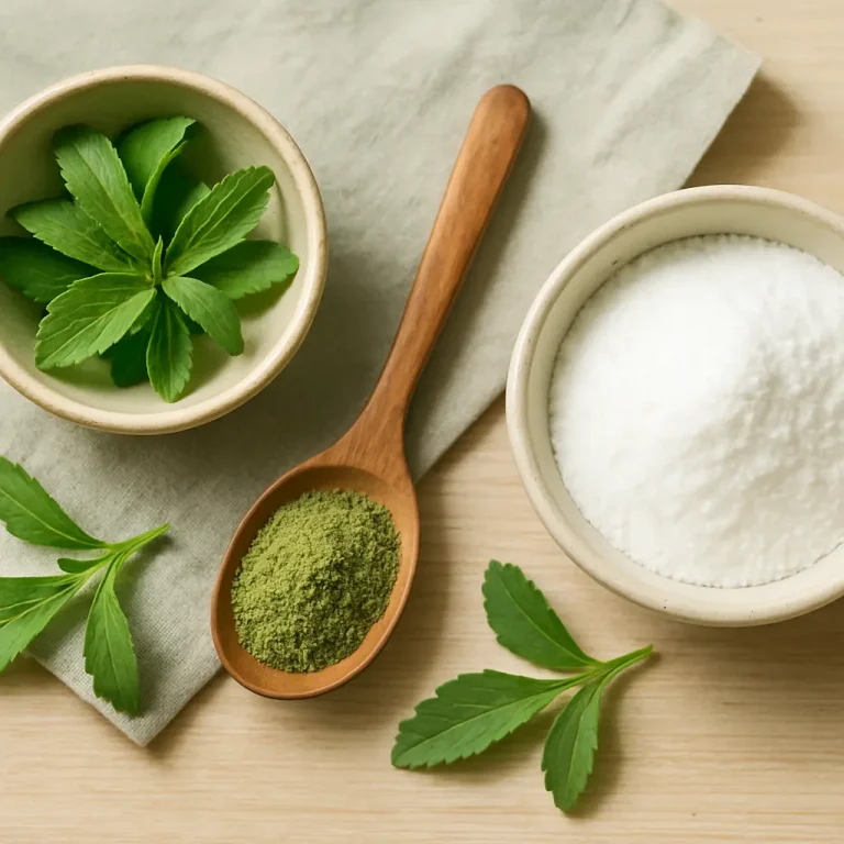 Stevia leaves, stevia powder on a wooden spoon, and a bowl of granulated sweetener arranged on a cloth, symbolizing natural sweeteners for healthy eating and wellness.