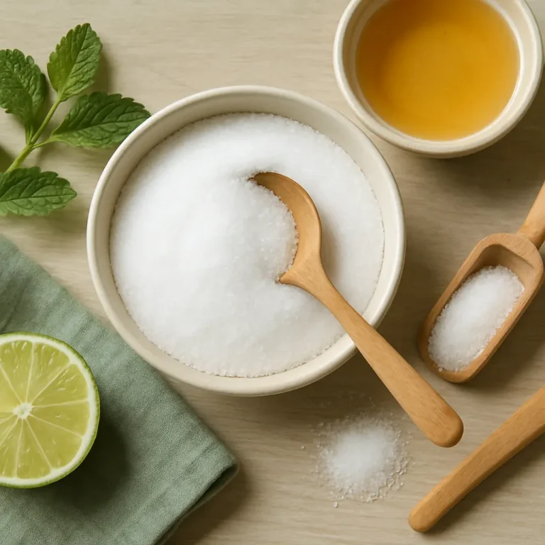 A bowl of healthy sea salt with a wooden spoon, surrounded by honey, fresh lime, and mint leaves, promoting wellness, healthy eating, and fitness.