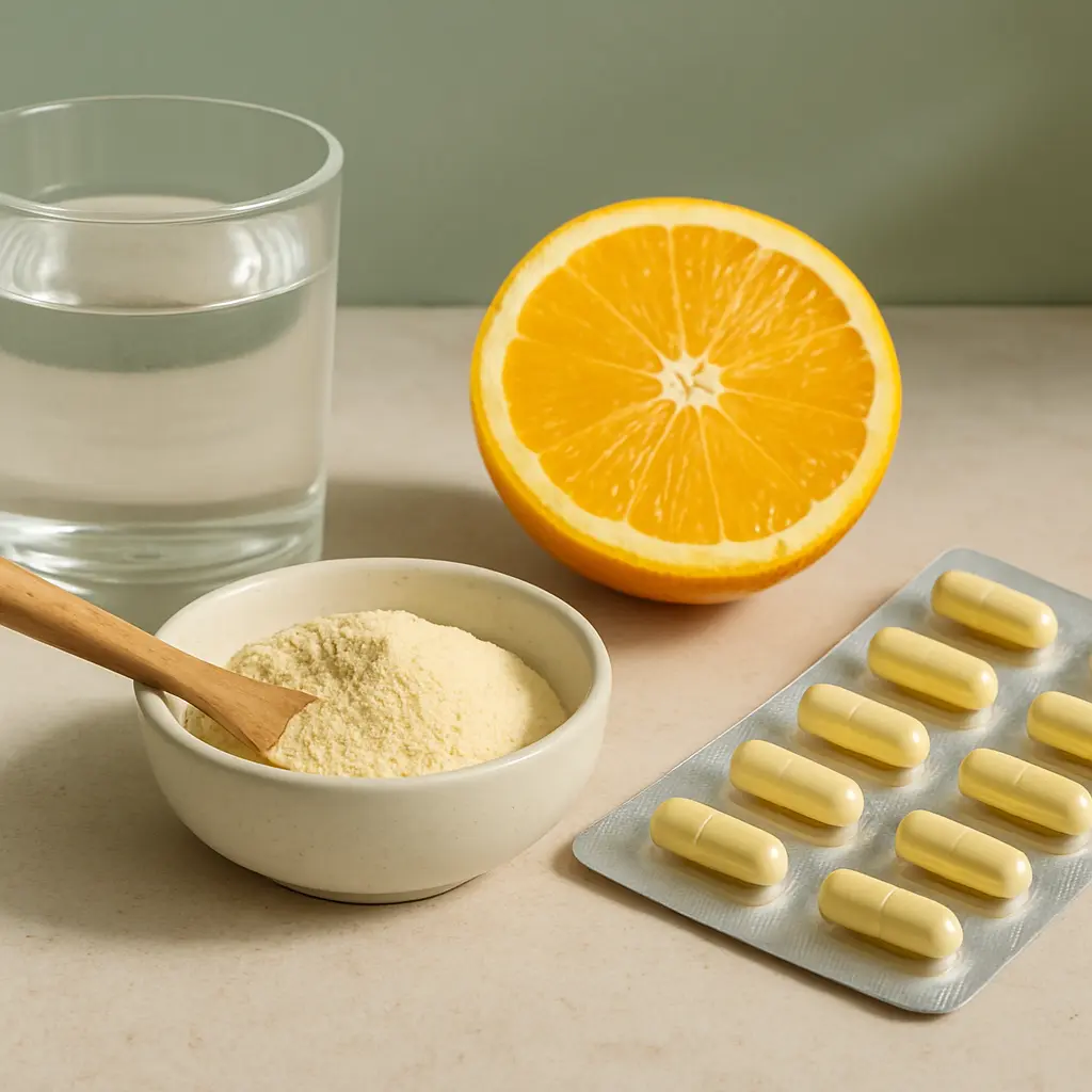 Vitamin supplements with capsules, a bowl of powdered supplement, a glass of water, and a halved orange, emphasizing healthy eating and wellness.