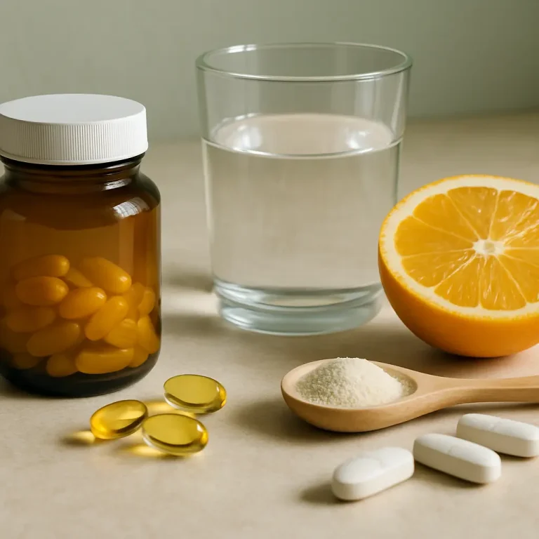 Glass of water, vitamin supplements, an orange half, and a wooden spoon with powder, promoting wellness and healthy eating.
