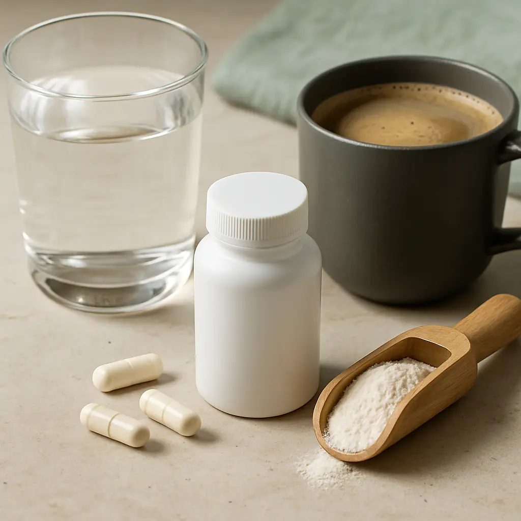 A white bottle, capsules, a scoop of powder, a glass of water, and a cup of coffee, symbolizing vitamins, supplements, and healthy lifestyle choices.