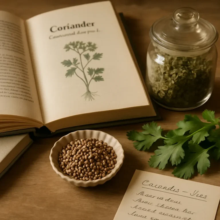 Open book showing coriander illustration, coriander seeds in a bowl, fresh coriander leaves, and a jar of dried coriander, symbolizing healthy eating and wellness.
